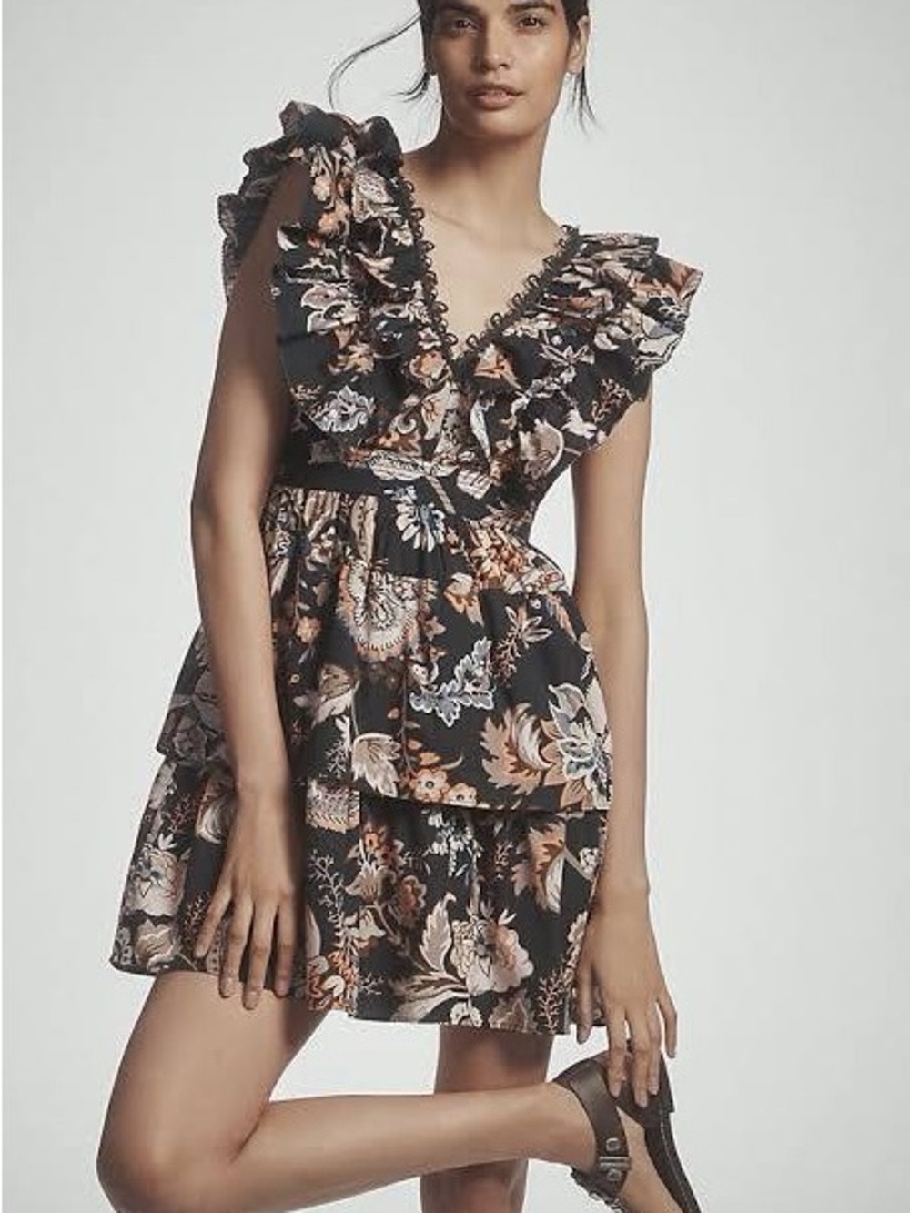 Anthropologie Black Floral Ruffle V-Neck Tiered Mini Dress
